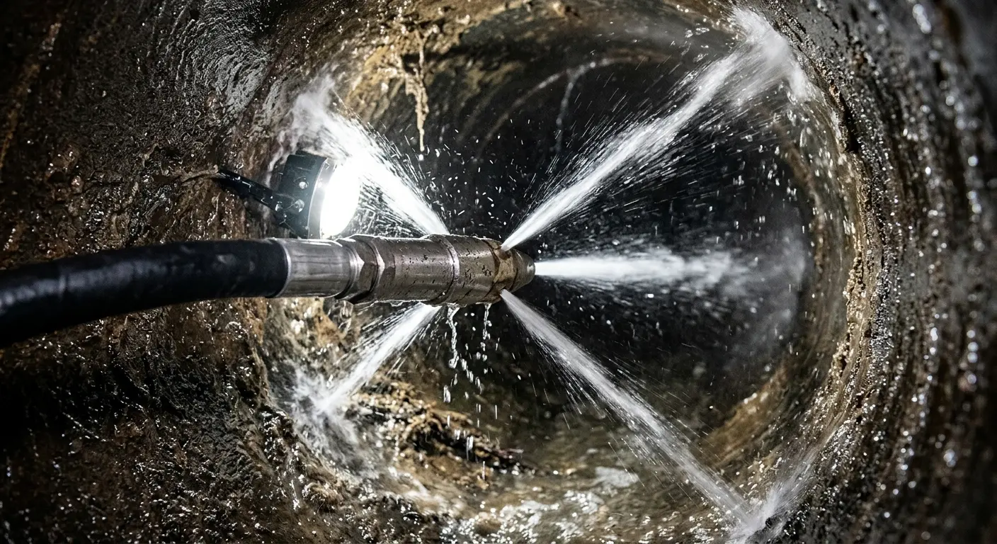 High-pressure hydro jetting nozzle cleaning sewer pipe for Trenchless Sewer Repair in Edmond