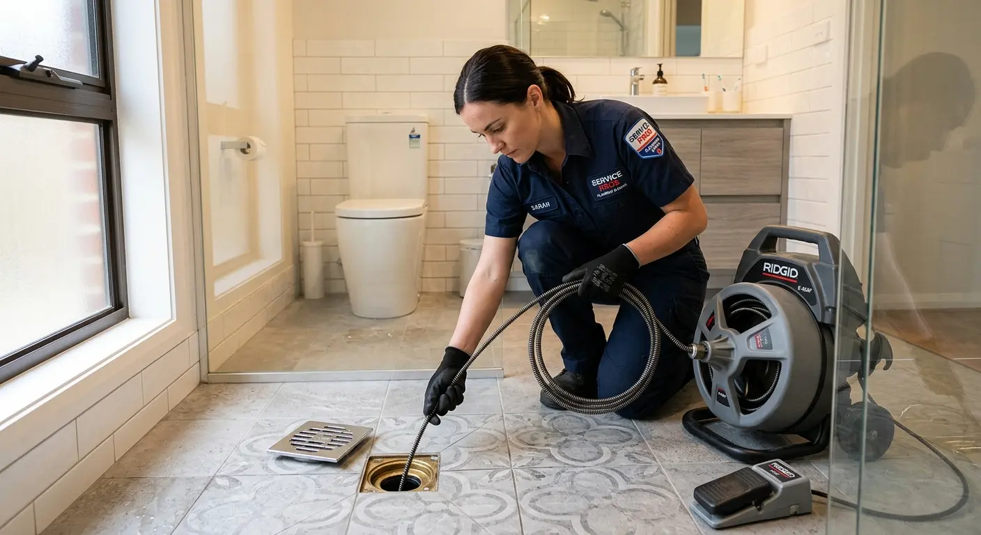 Technician clearing a bathroom floor drain for Drain Repair in Edmond